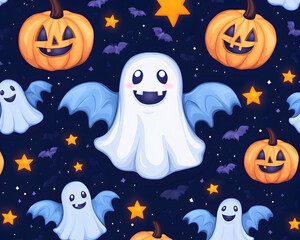 Cute Halloween seamless pattern with ghosts, pumpkins, bats, and stars on dark blue background. generative ai