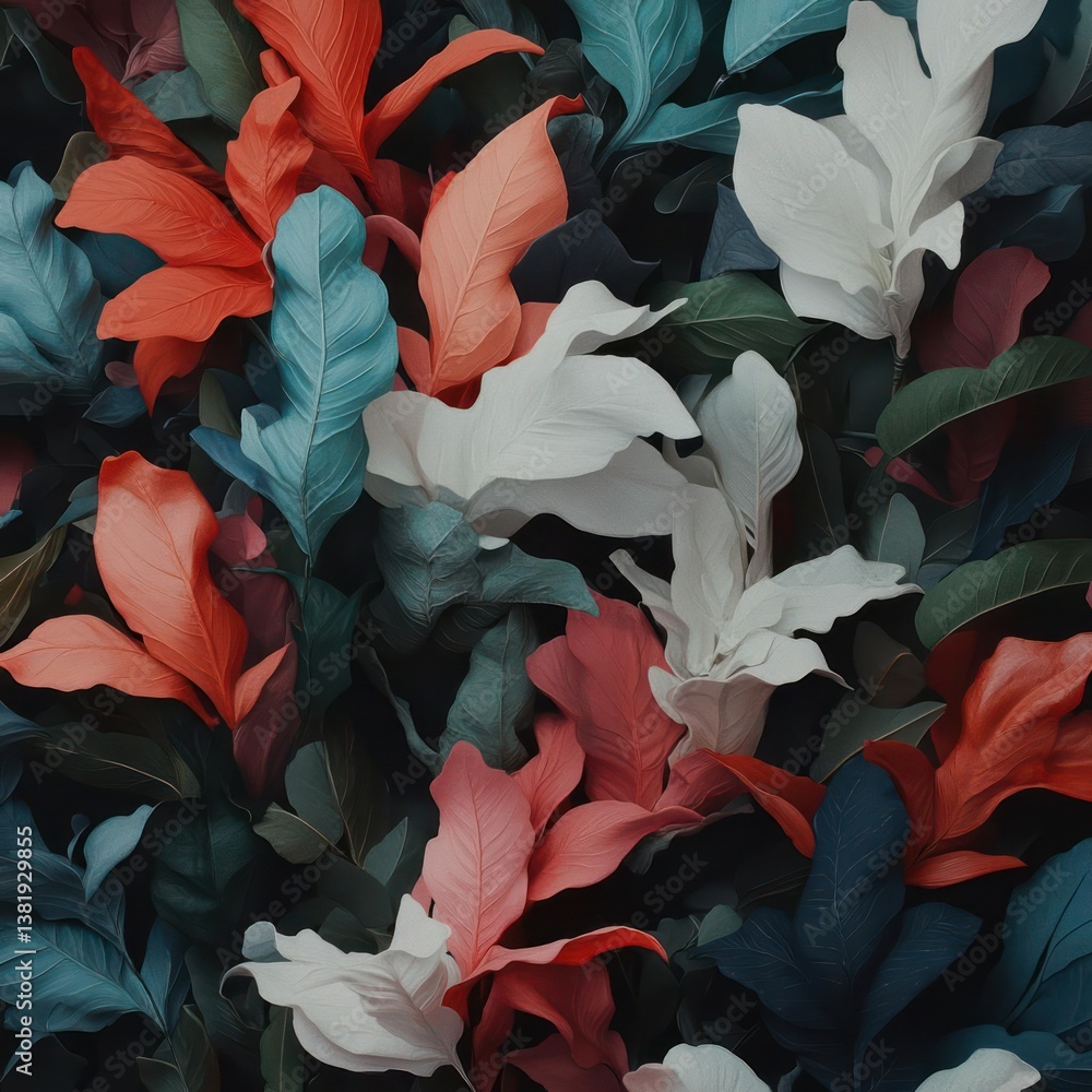 Poster Colorful array of leaves in vibrant hues a visually striking pattern of nature abstract botanical arrangement for decorative backdrop designs and seamless textures