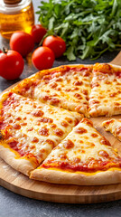 Delicious cheese pizza sliced on wooden board with tomatoes and arugula. generative ai