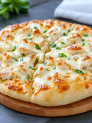 Delicious chicken and cheese pizza on wooden board. generative ai