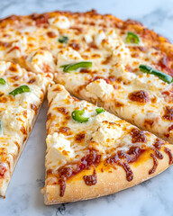 Delicious cheese pizza with jalape&ntilde;os, a slice removed, showcasing melted cheese and crust. generative ai