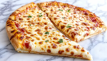 Delicious cheese pizza, three slices on marble. generative ai