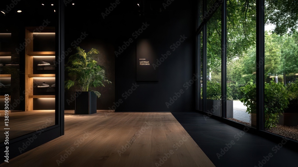 Poster Interior View of a Modern Building with Large Windows Overlooking Lush Greenery and a Small Plant in a Square Pot. The Room is Dark with a Simple Display