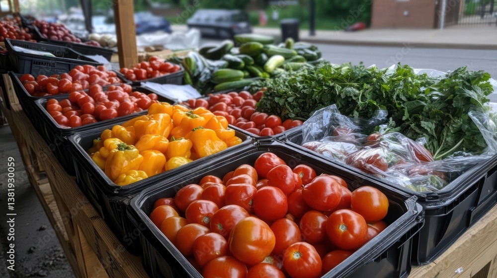 Poster Fresh produce display at a market with tomatoes bell peppers and cucumbers in baskets Sunlight illuminates the vegetables creating vibrant colors