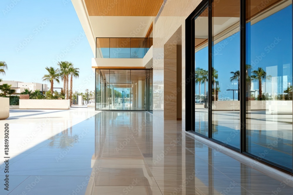 Poster modern architecture exterior featuring reflective surfaces palm trees and bright blue sky creating a