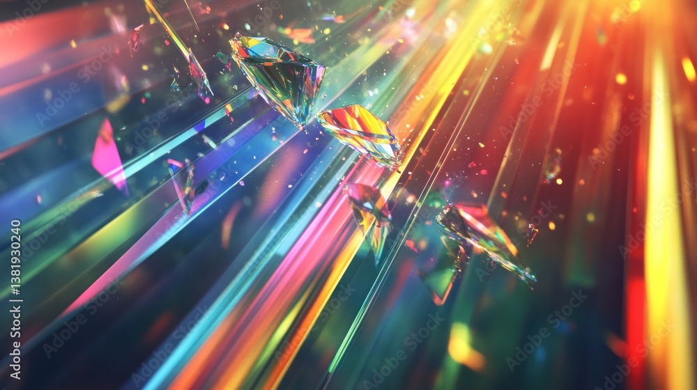 Poster abstract gems and light streaks create a colorful geometric design