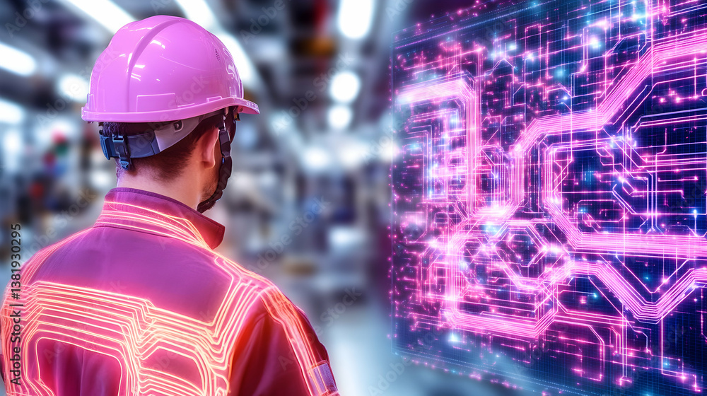 Poster engineer observing futuristic digital factory interface. generative ai