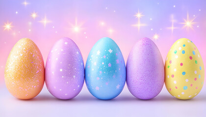 Obraz premium Five pastel Easter eggs with glitter and sparkles on a light background. generative ai