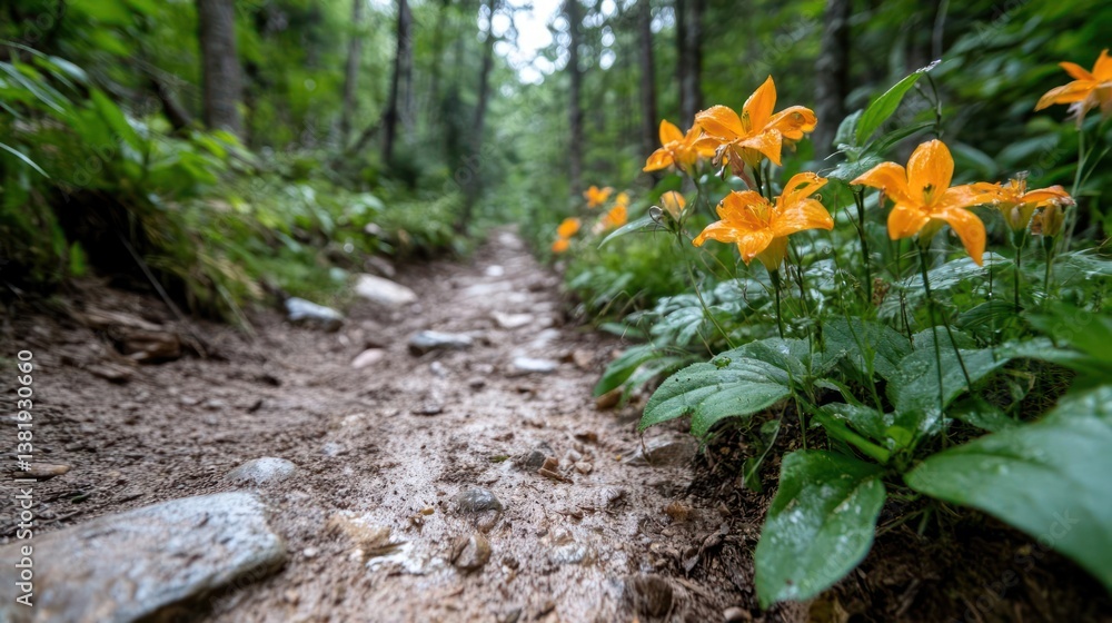 Aufkleber close up view of an orange flower cluster near a wet trail. the path leads into a dense green forest