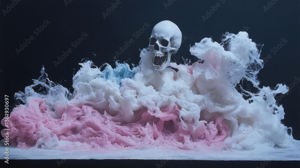 Aufkleber a digital render depicts a skull emerging from a cloud of pixelated pastel colored smoke against a d