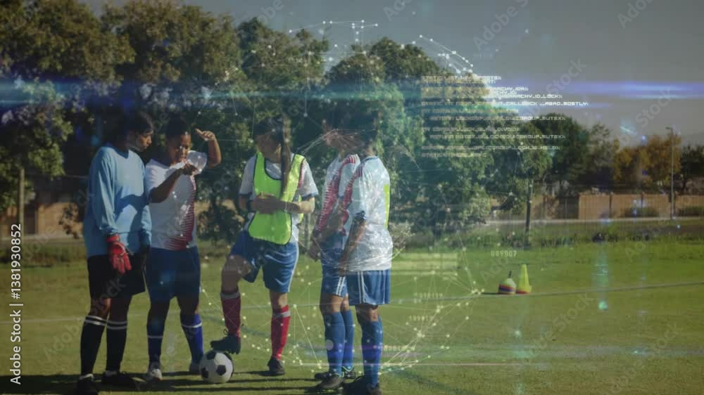 Poster soccer players on field with digital data processing animation overlay