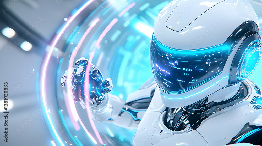 Poster futuristic robot interacting with holographic interface. generative ai