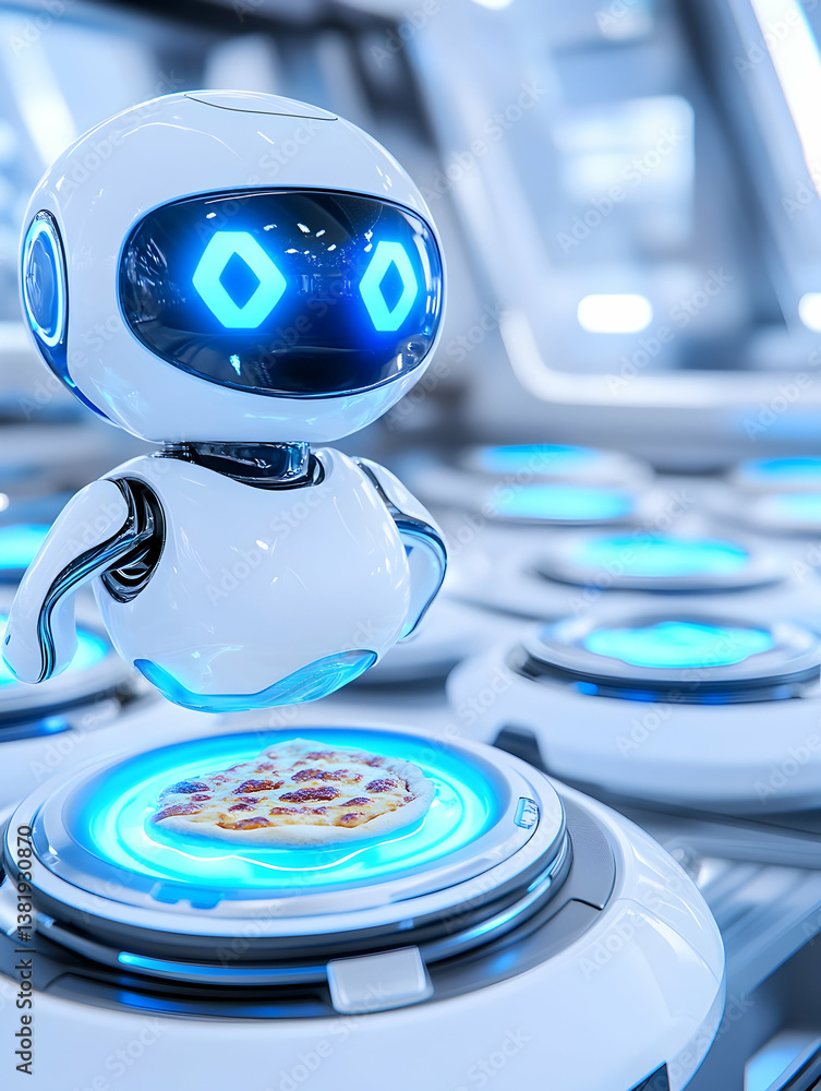 Poster futuristic robot serving pizza on automated conveyor belt. generative ai