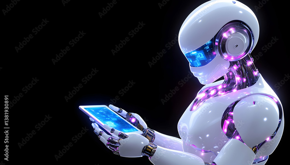 Aufkleber futuristic robot using a tablet against a black background. generative ai