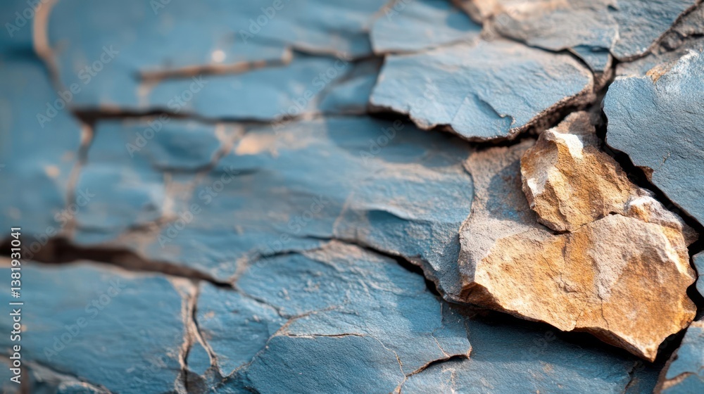 Poster close up textured image of weathered blue rock formation with coarse surface and rough fractured edg