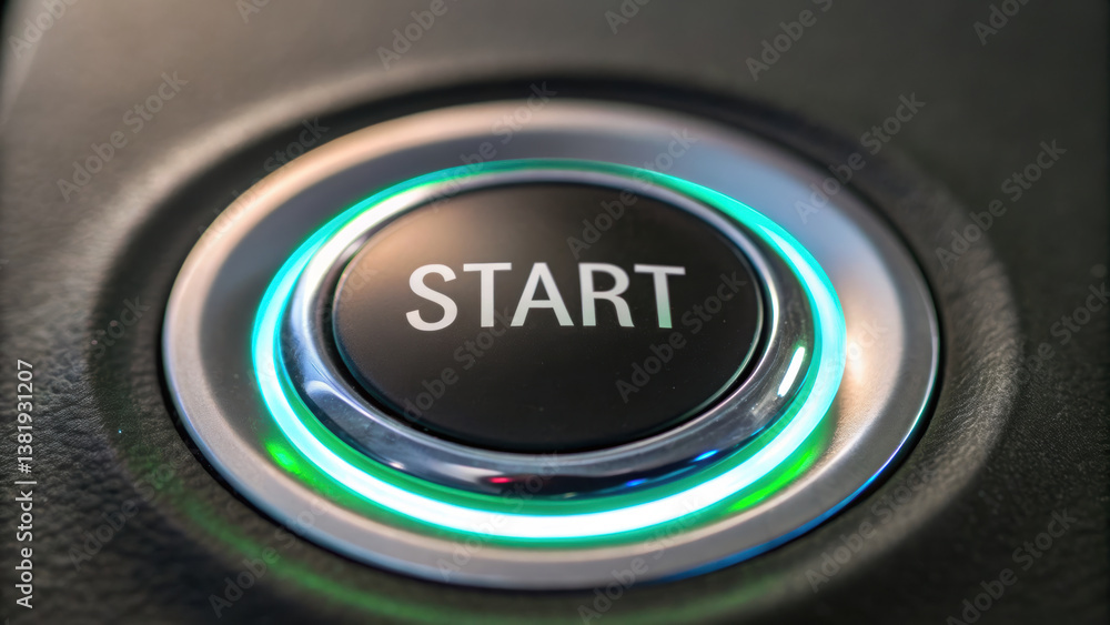 Aufkleber close up view of round button with word start illuminated, surrounded by glowing ring, symbolizing a