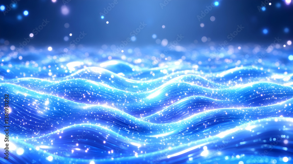 Poster glowing blue waves with sparkling particles, abstract background. generative ai