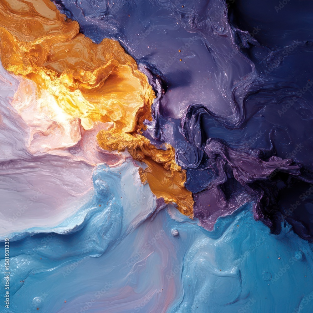 Poster abstract art piece with swirling textures in gold blue and purple colors evoking a sense of fluidity