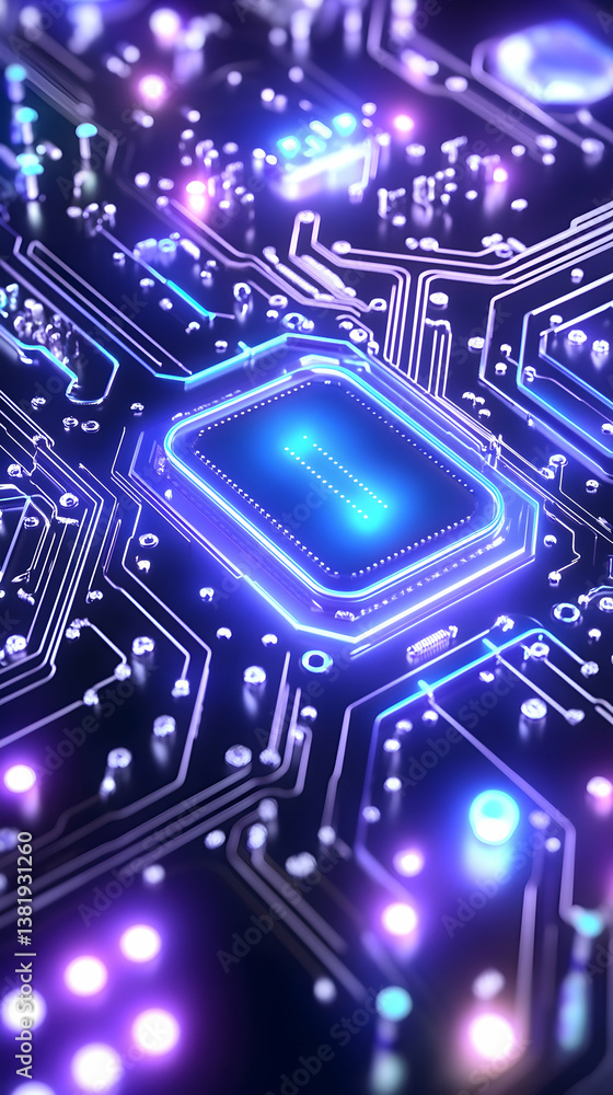 Poster glowing circuit board with central processor (1). generative ai