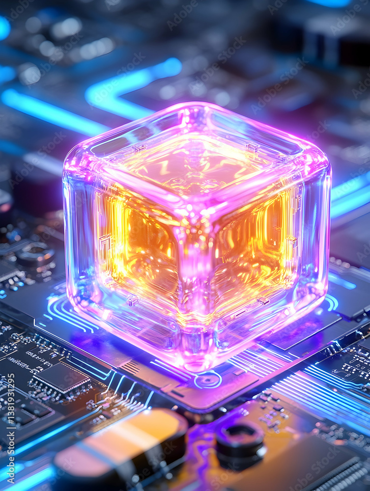 Poster glowing cube on circuit board, futuristic technology. generative ai