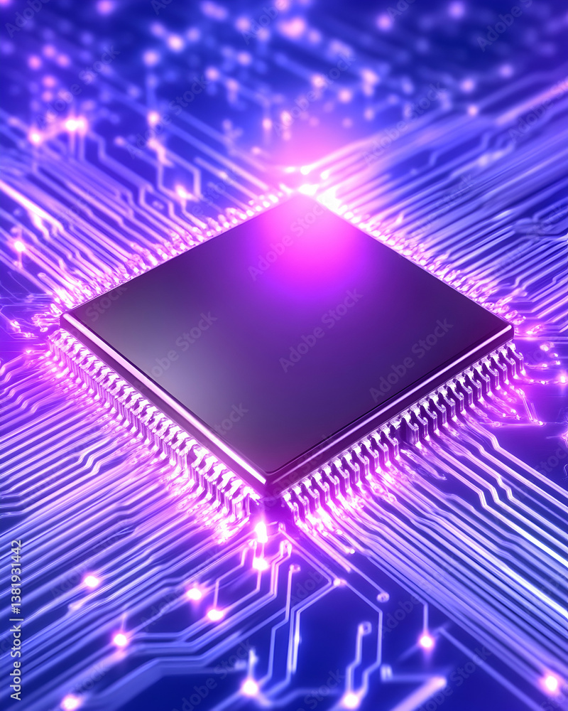 Poster glowing purple microchip on circuit board (1). generative ai