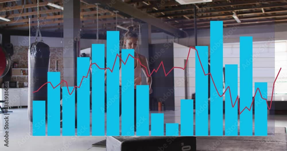 Poster exercising in gym, woman with animation of bar graph and line chart