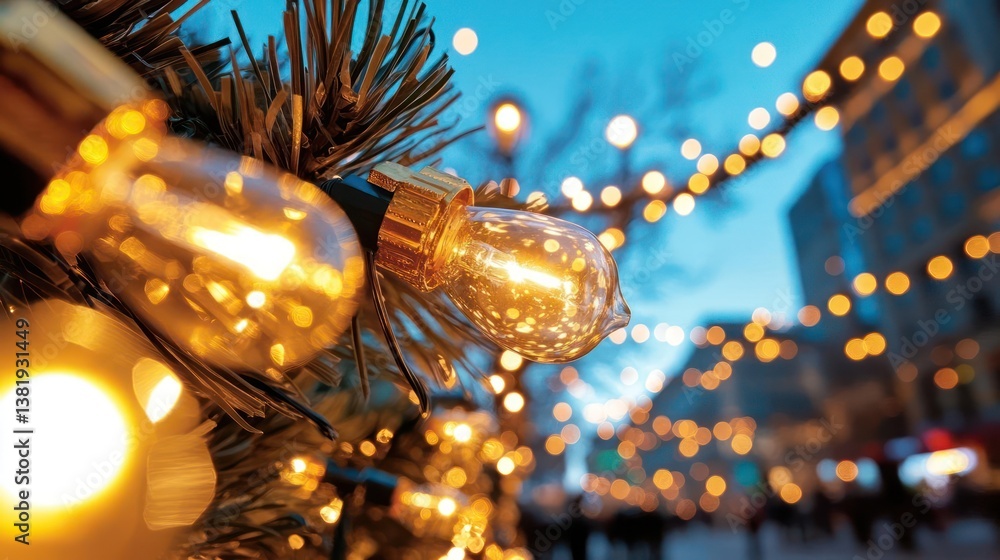 Aufkleber Close up of warm glowing string lights on a festive street with blurred building background at dusk