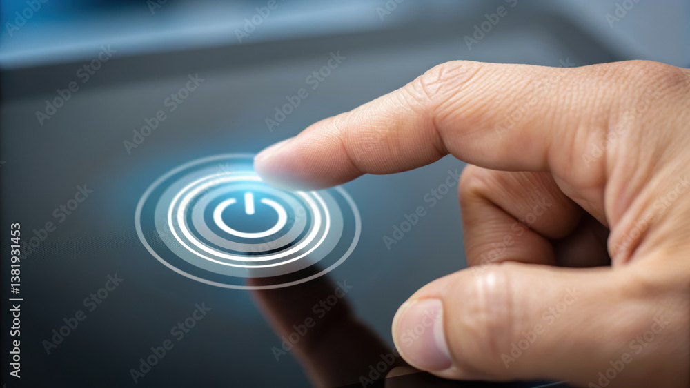 Poster hand tapping virtual start button on screen, initiating action with sense of anticipation and excite