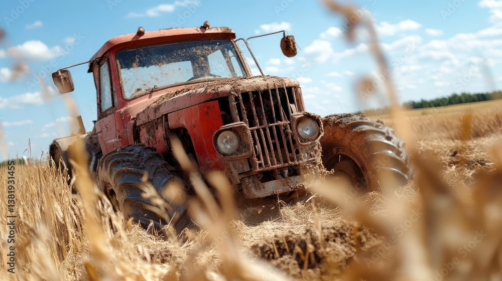 Poster Agricultural machine plowing through golden wheat field under blue sky with white clouds. The machine is at work. Focus on the machine and field. Sunny day with shallow depth of field