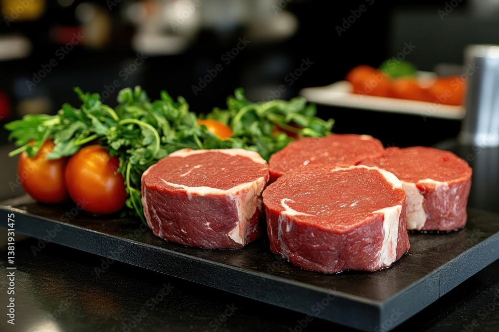Poster raw beef fillets with fresh tomatoes and green herbs arranged on a black square tray with a blurred 