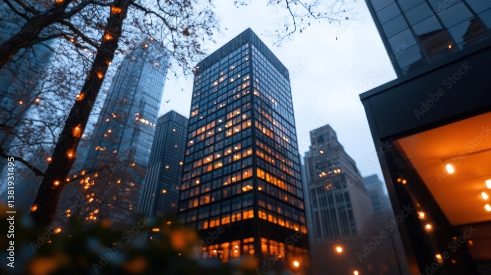 Aufkleber tall office buildings illuminated at dusk with warm lights creating a vibrant cityscape. overcast sk
