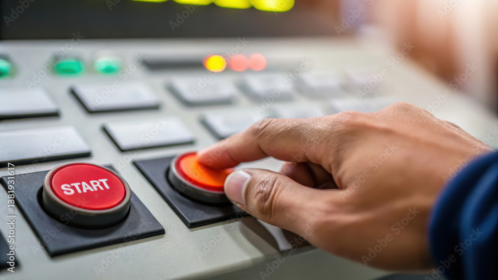 Poster hand pressing large red button labeled start control panel, indicating initiation of machine or proc