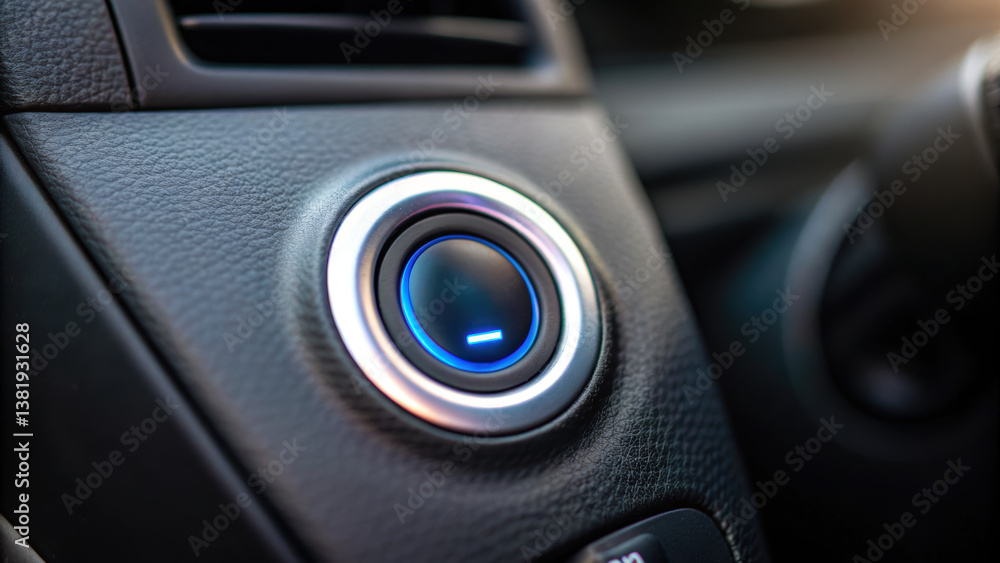 Poster close up view of push start button modern vehicle, showcasing its sleek design and illuminated featu