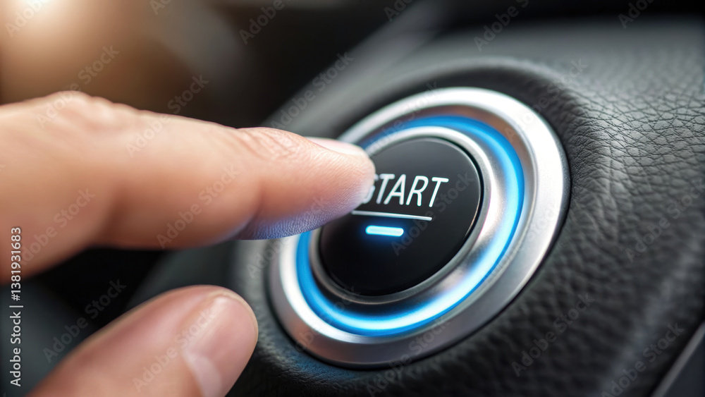 Poster hand pressing start button vehicle, symbolizing ignition process and modern technology. button featu