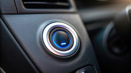 Naklejka premium close up view of push start button modern vehicle, showcasing its sleek design and illuminated features, emphasizing convenience and technology
