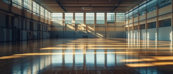 Sun-Drenched Hall, Geometric Shadows Dance Across a Spacious Wooden Floor
