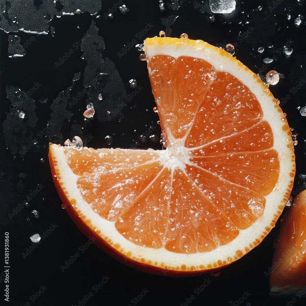 Poster close up shot of a sliced orange with water droplets and sugar crystals on a black surface creating 
