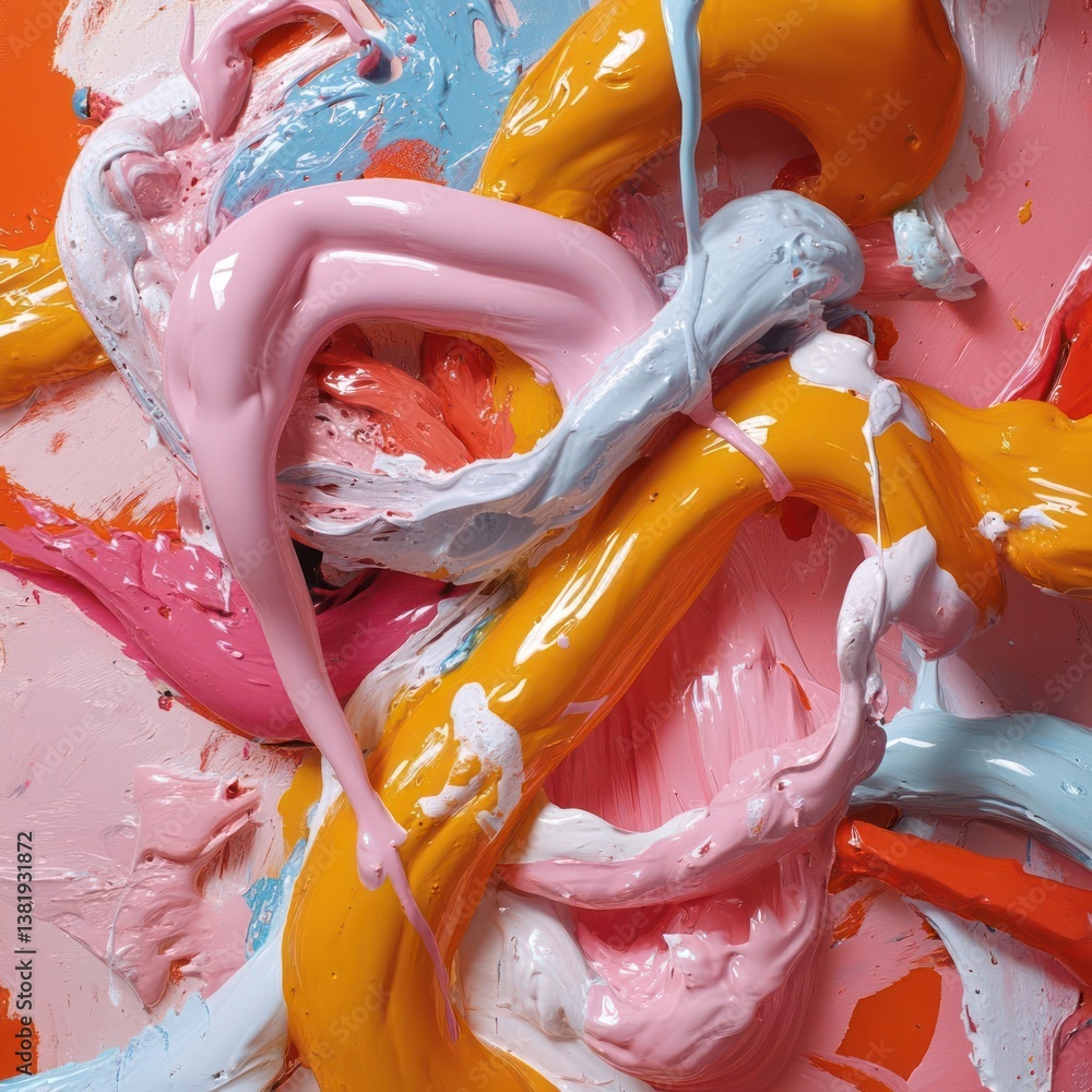 Leinwandbilder abstract artwork of flowing paint in vibrant colors pink orange blue and yellow creating a textured 