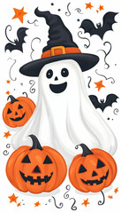 Happy ghost in witch hat with pumpkins and bats. generative ai