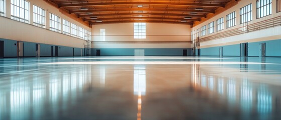 Vast empty gymnasium hall with polished floor reflecting sunlight