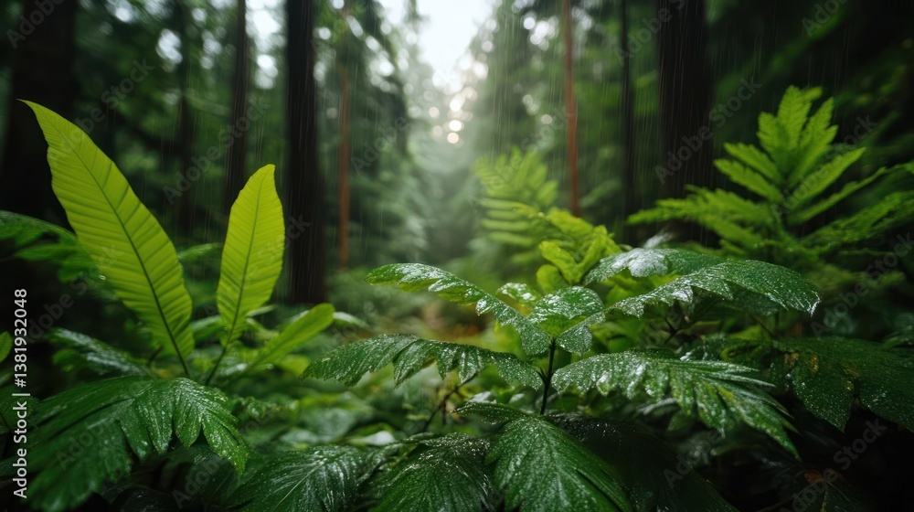Fototapete lush green forest scene with a foreground of vibrant foliage wet with raindrops. soft sunlight filte