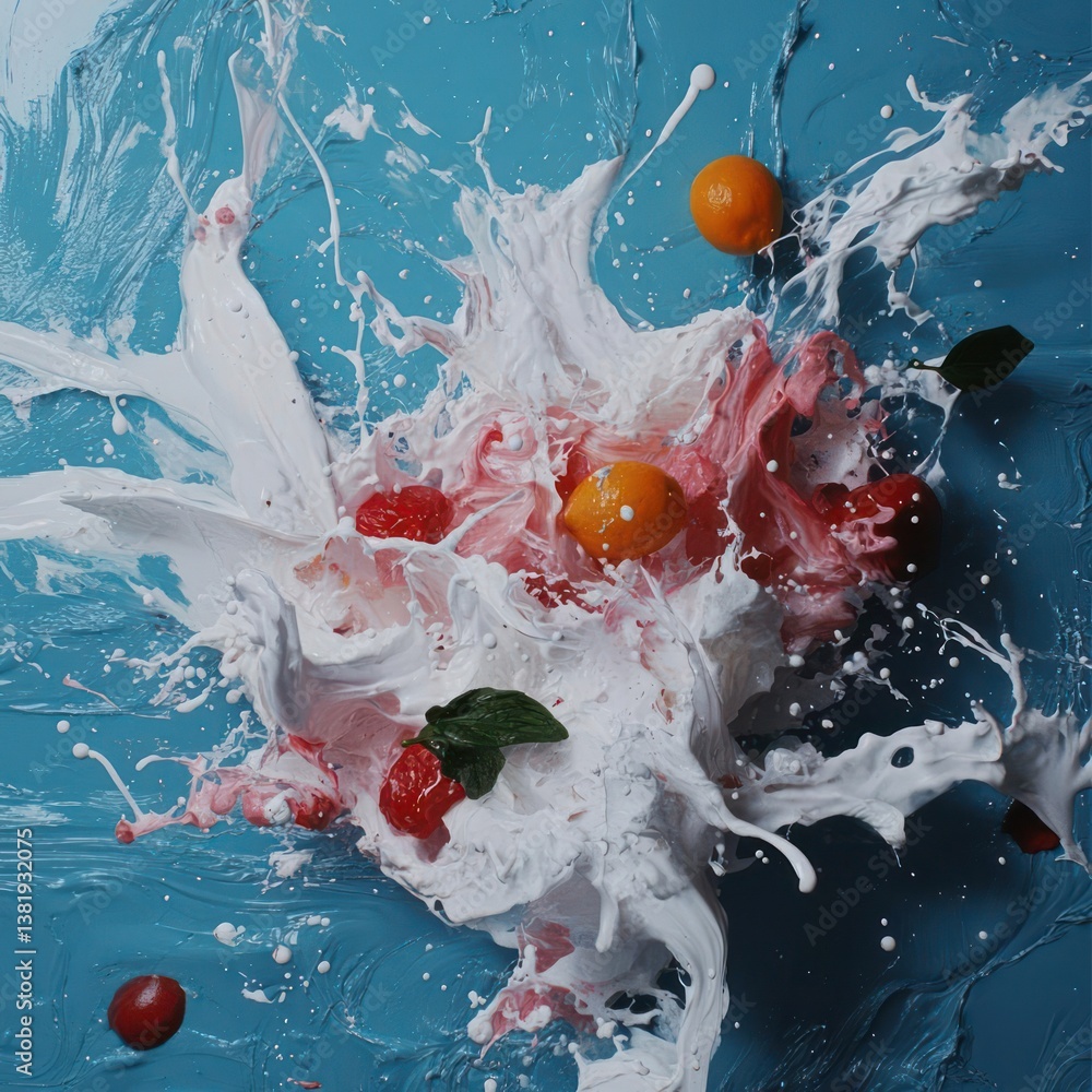 Aufkleber Dynamic splash of milk mixed with red fruit and citrus against a textured blue backdrop creating vibrant colorful abstract food art