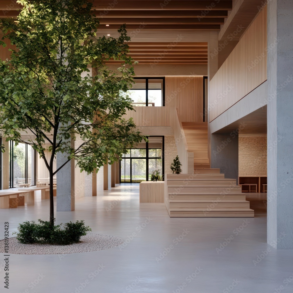 Poster interior architectural view of a modern building with natural light wooden staircase and a tree in t