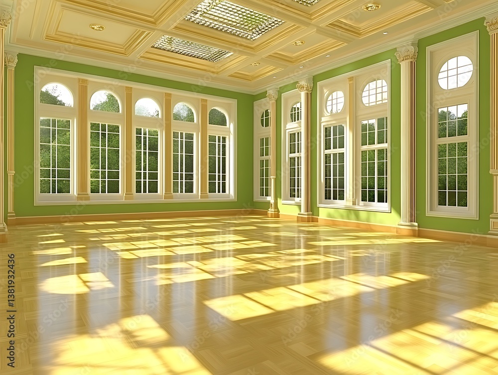 Poster sunlight streams through arched windows illuminating an opulent empty room