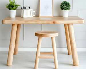 Light wood desk and stool set against a gray wall. generative ai