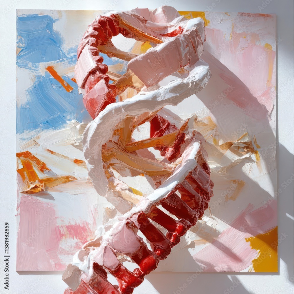 Poster abstract artistic rendition of a [dna] helix with textured paint strokes against a vibrant backgroun