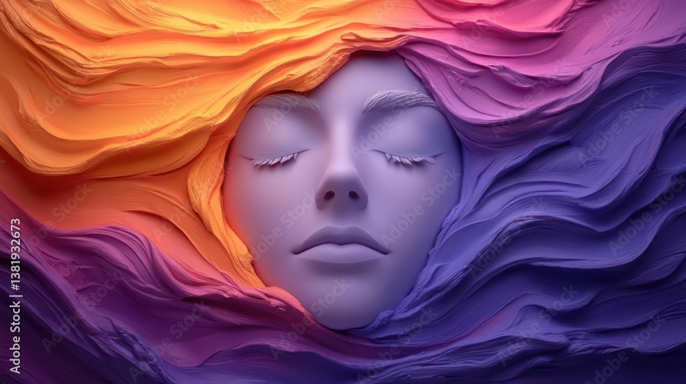 Aufkleber Artistic portrait of serene face with closed eyes emerging from wave of colorful textured layers. The vibrant blend of orange pink purple and blue hues adds depth and fantasy