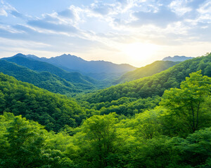 Naklejka premium Lush green mountain range at sunset. generative ai