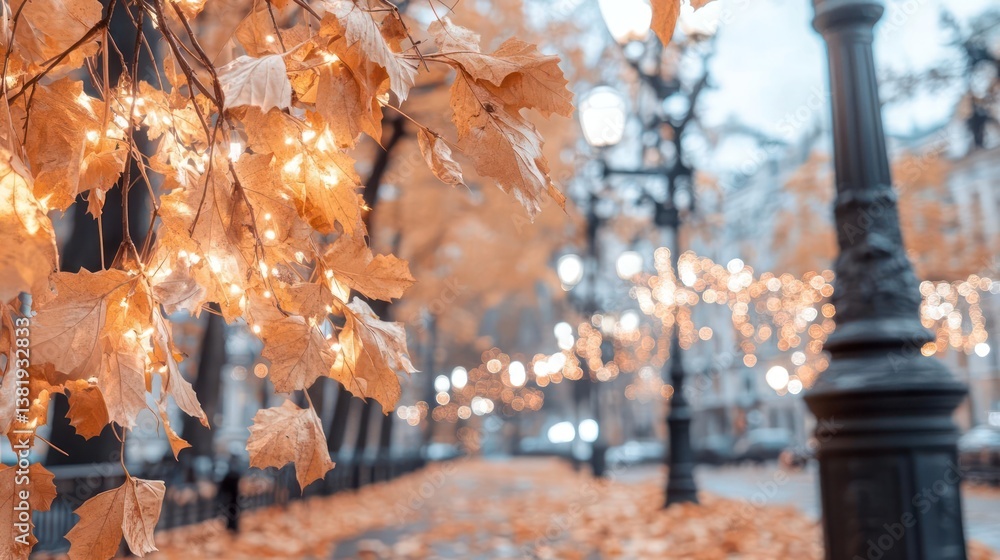 Poster autumnal scene featuring golden leaves illuminated by sunlight framing a blurred street with string 