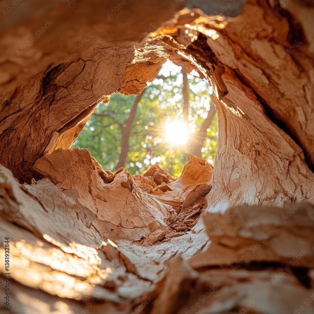 Poster Sunlight shines through a hollowed tree trunk creating a natural frame focusing on vibrant green foliage. Warm sunlight creates a natural, organic, and textured composition